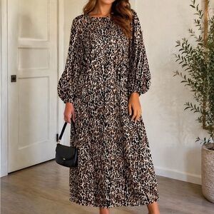 H&M Leopard Print Puff-Sleeve Maxi Dress - Beige/Black